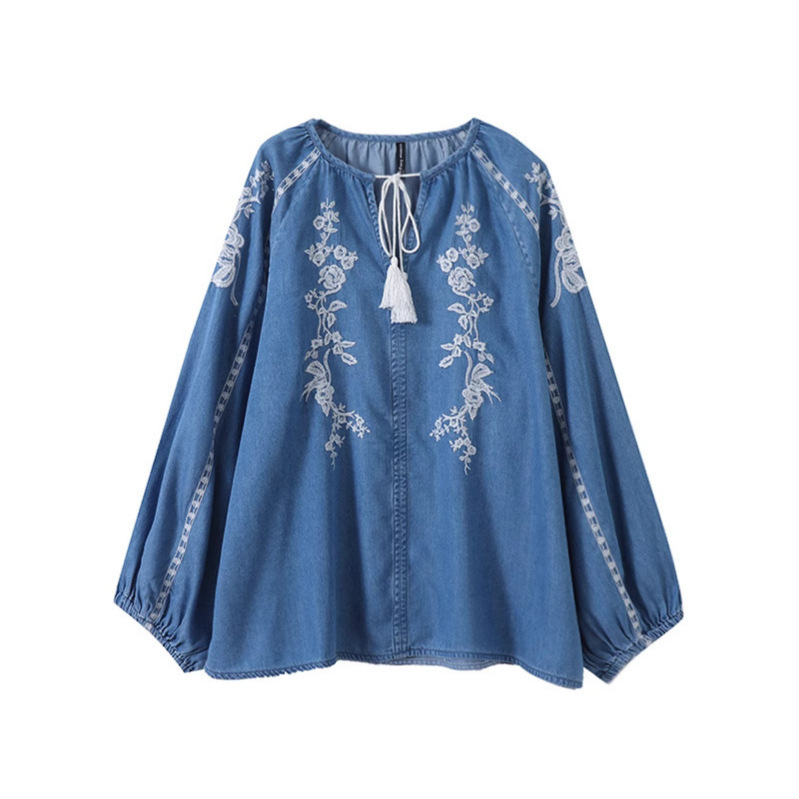 Women Denim Blouse Top Flower  - Tassel Fringe Trim recension och pris