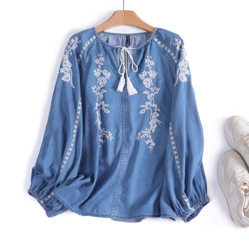 Women Denim Blouse Top Flower  - Tassel Fringe Trim recension och pris